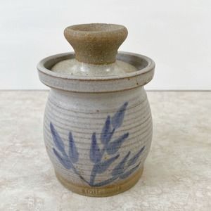 Vintage Tollefson Pottery Jar Canister w/ Lid Hand Painted Blue Leaves 5.5" Tall